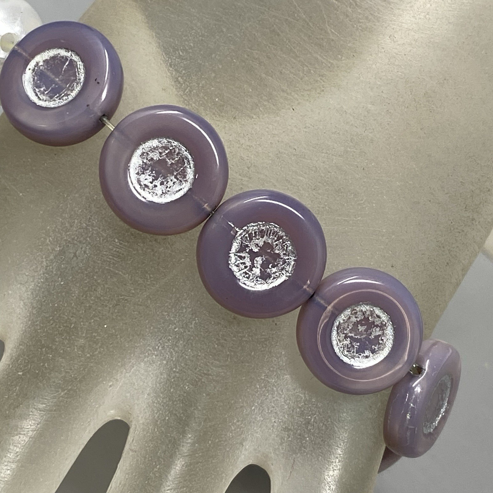 Czech Glass Bead Bracelet Stretch Purple Coin Metallic Large Opalescent 8″