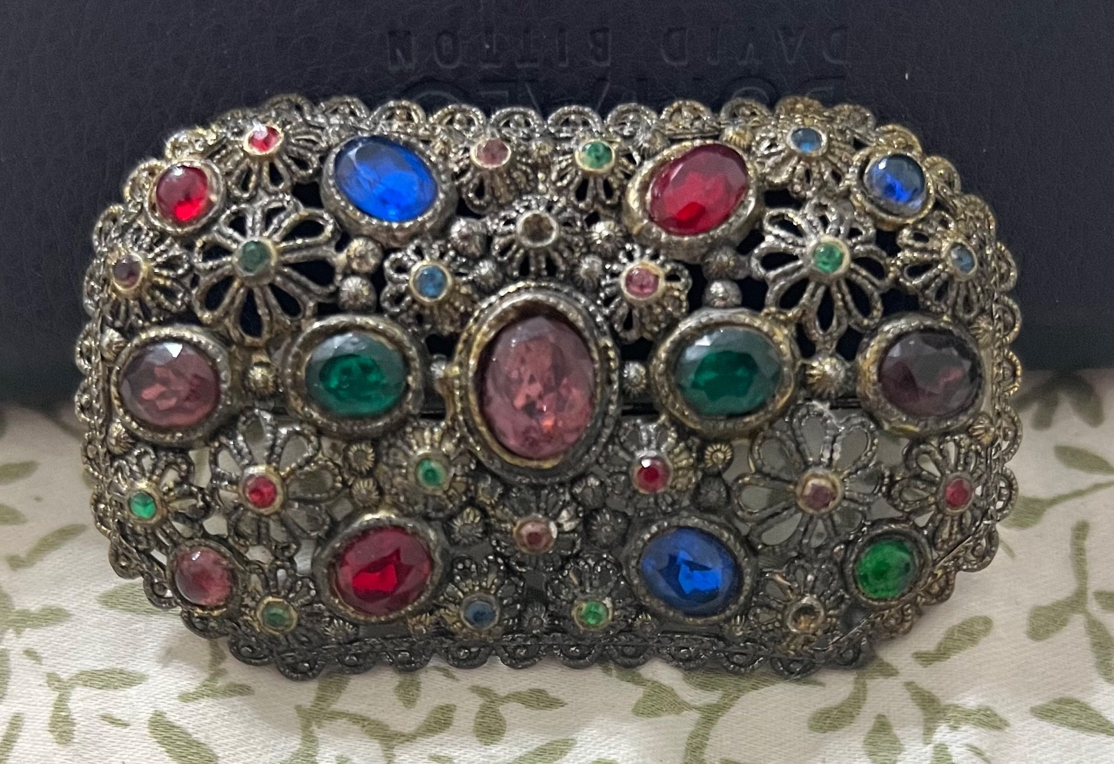Vtg 1940s New England Glass Works Brooch Pin Floral Design Faceted Stones ~3″L