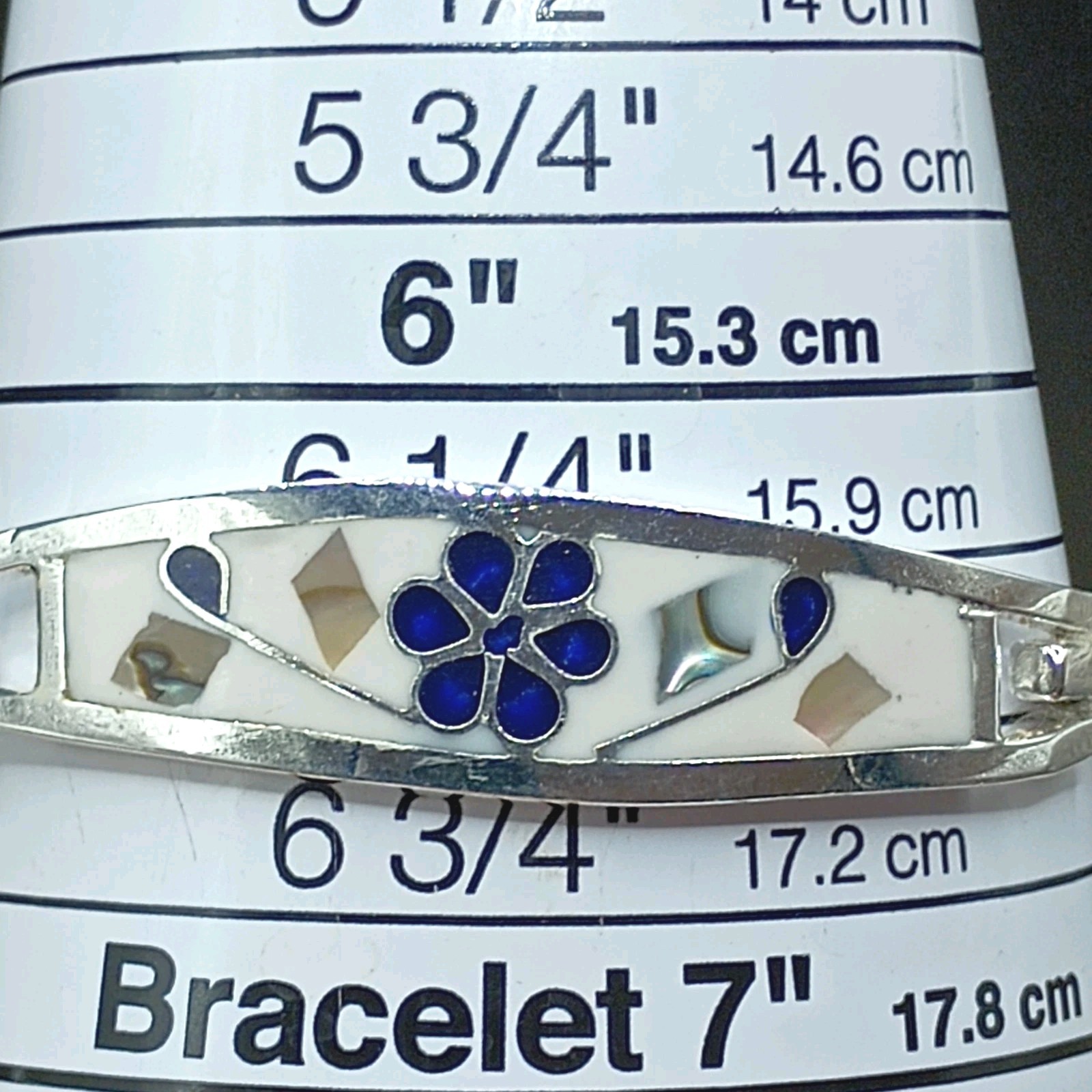 Alpaca Mexico Silver Cuff Bracelet Blue Lapis Abalone Inlay Flower 6.5″ Unworn
