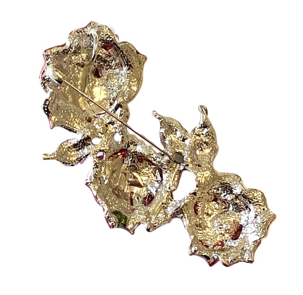 RHINESTONE FLOWER BROOCH! Stunning Red Rose Trinity Pin! Amazing Red Crystals!