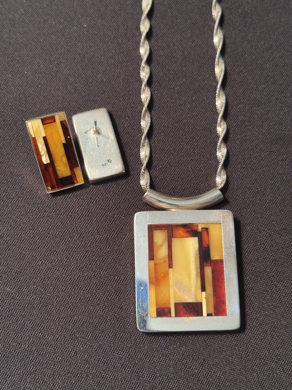 Vintage JZ Inlay Baltic Egg Yolk & Cognac Amber 925 Silver Pendant & Earrings