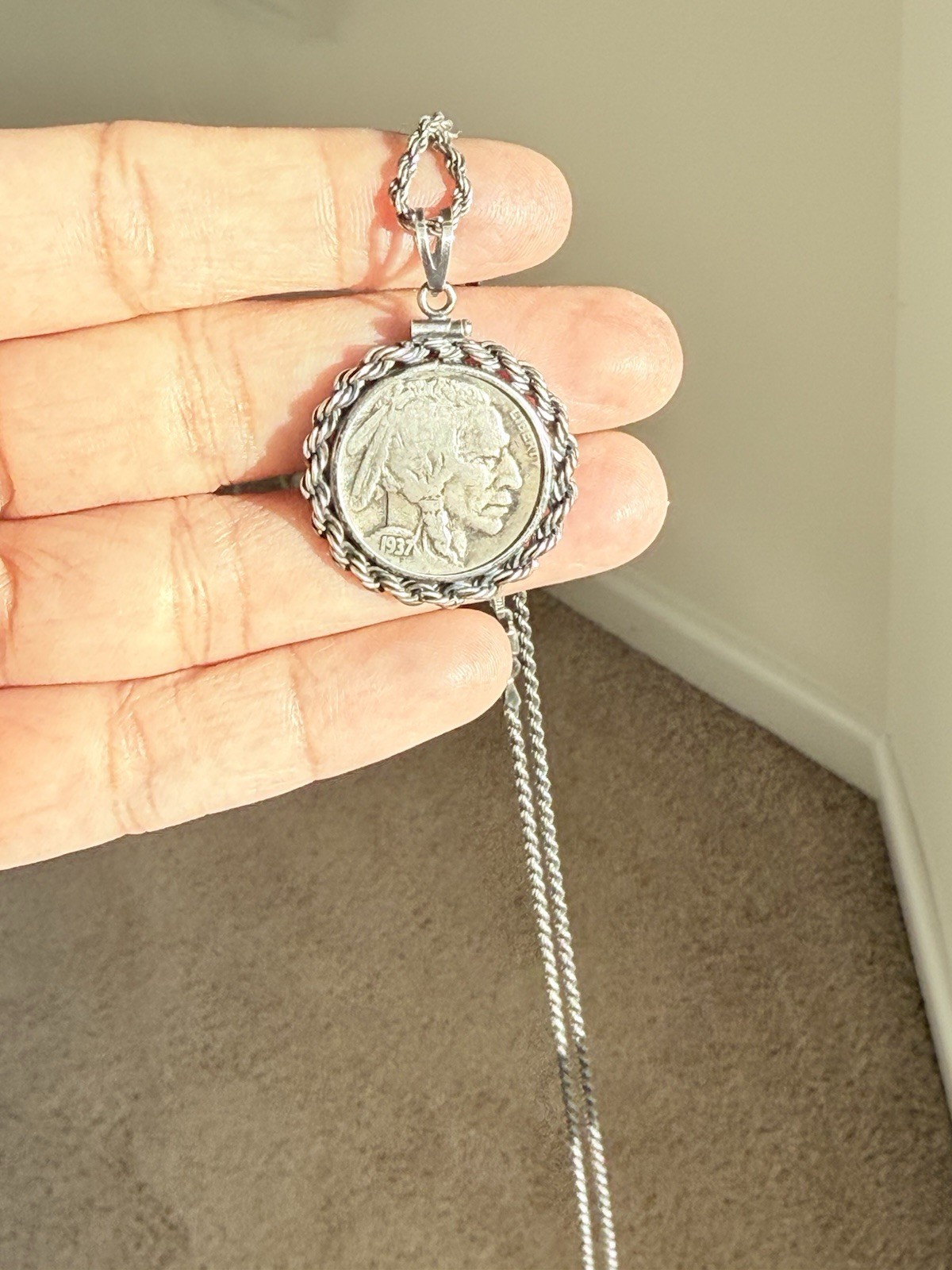 Vintage 1937 Buffalo Nickel Coin Pendant 925 Sterling Silver Chain 15-grams