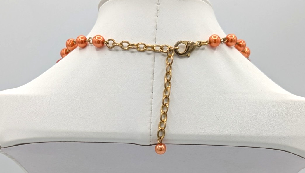 Cloisonne Beaded Festoon Necklace Floral Peach Orange Multi layered Gold Chains