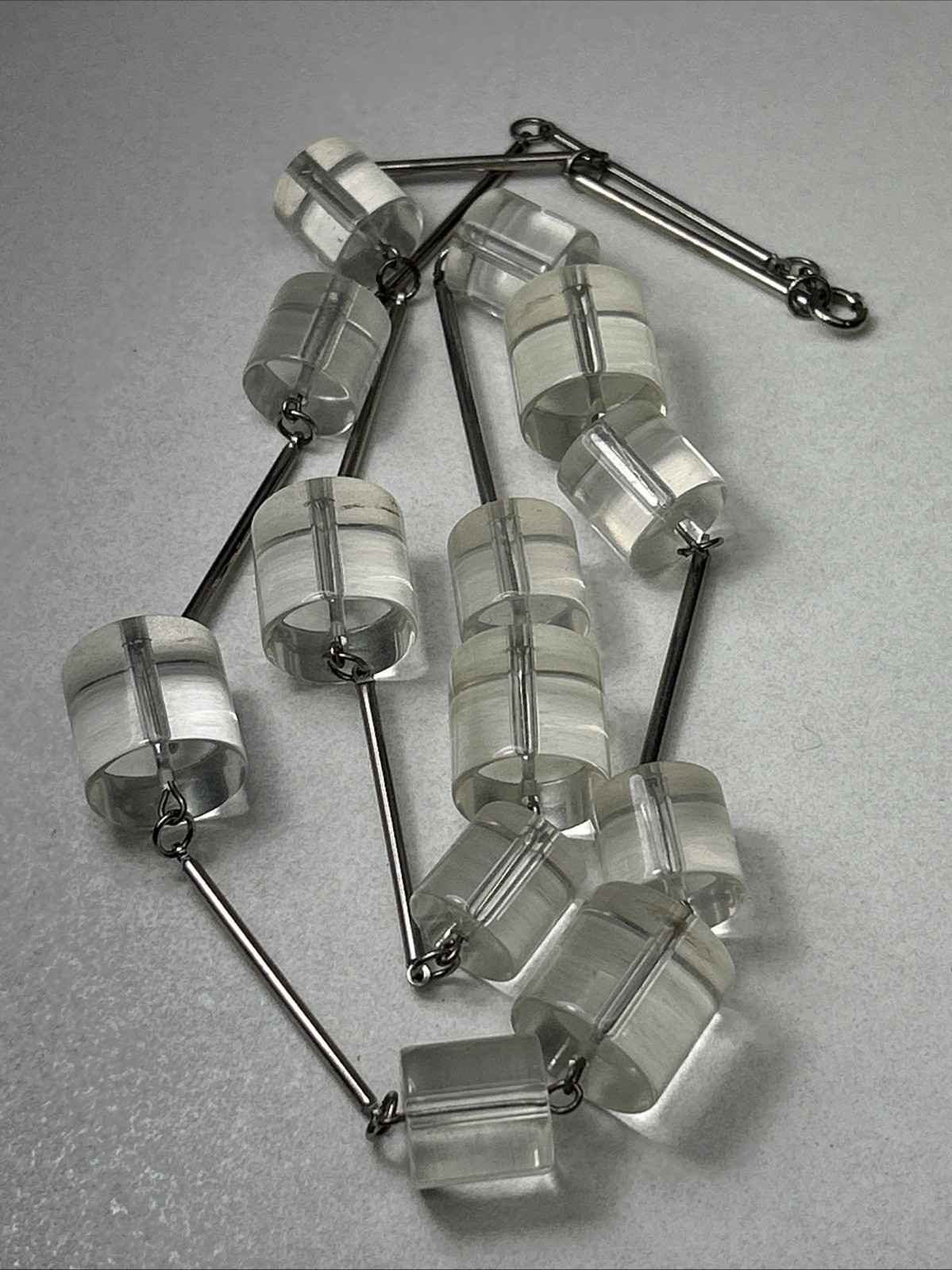 Clear Cylinder Shape Lucite Beaded Metal Necklace