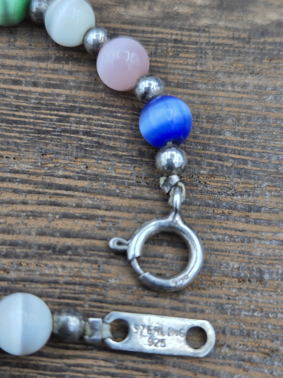 925 Sterling Silver Multicolor Glass Cat Eye Bead Necklace 18″ and Bracelet 7.5″