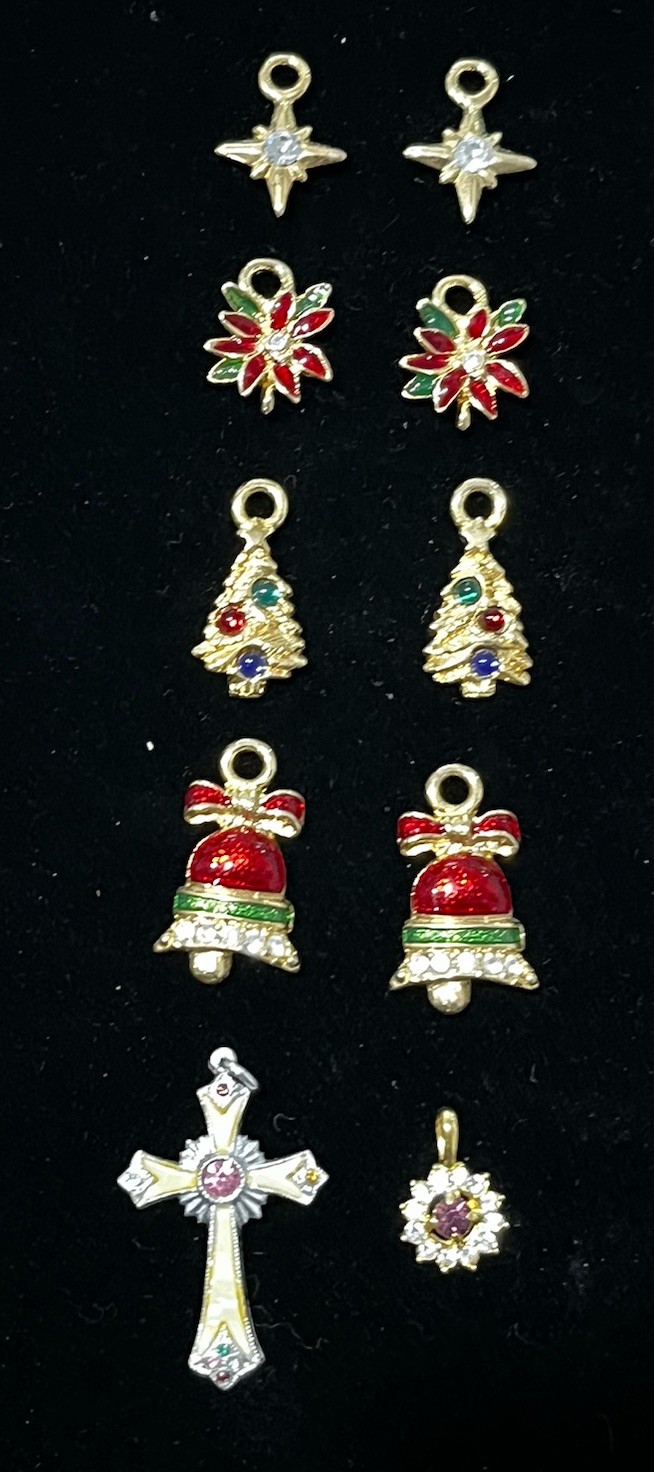 Vintage Christmas Pendant Charms Enamel & Rhinestone Ac Tree Cross Star Lot of 8