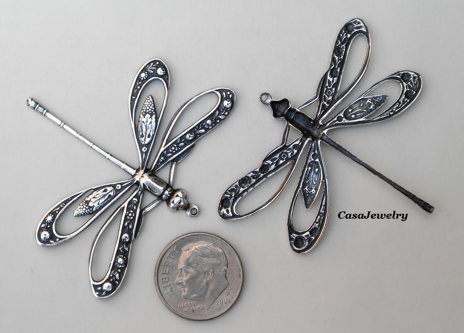 #3323 LARGE ANTIQUED STERLING SILVER PLATED OPEN WING DRAGONFLY W/RING – 2 Pcs