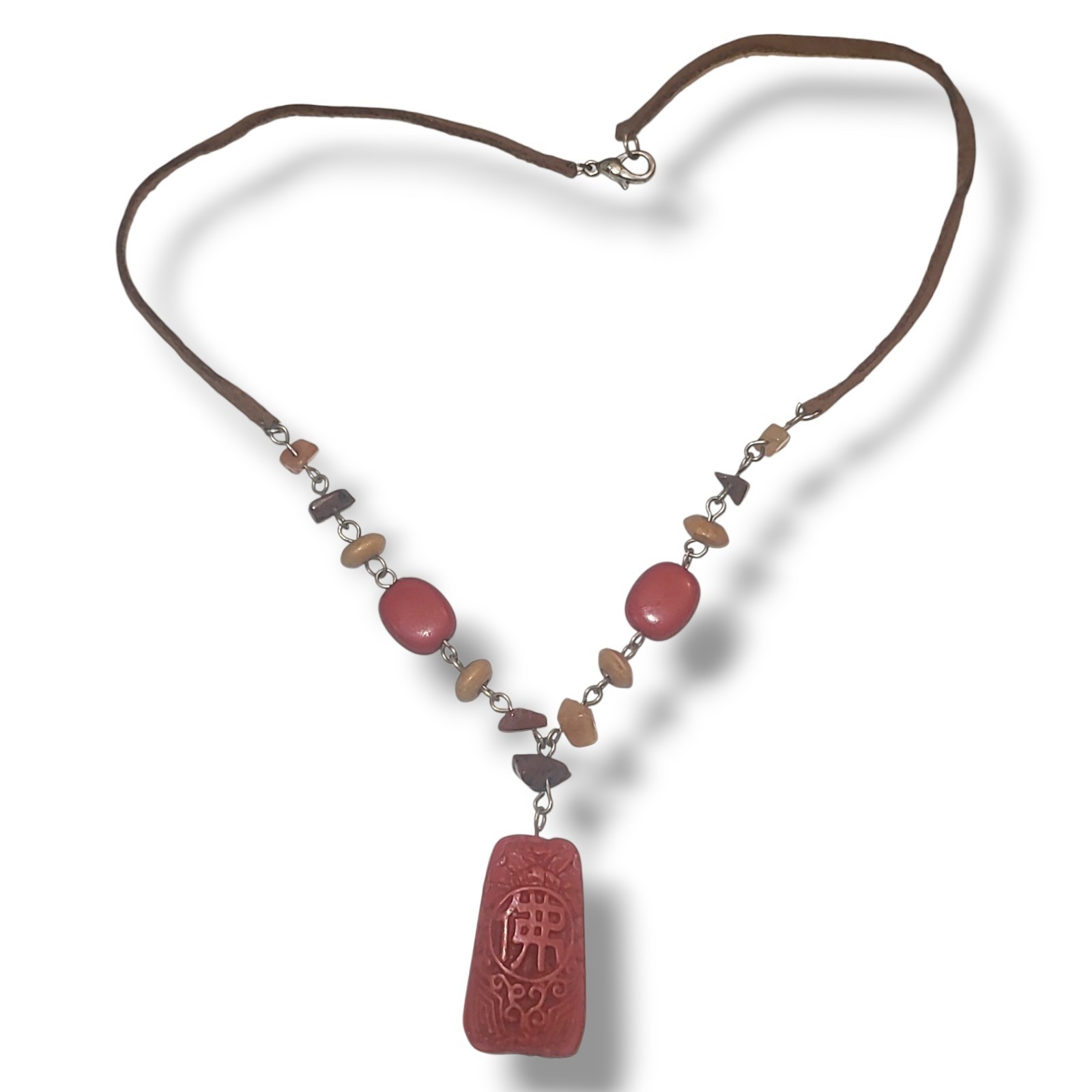 Vintage Boho Red Carved Stone Pendant Necklace Brown Leather Cord Ethnic Tribal