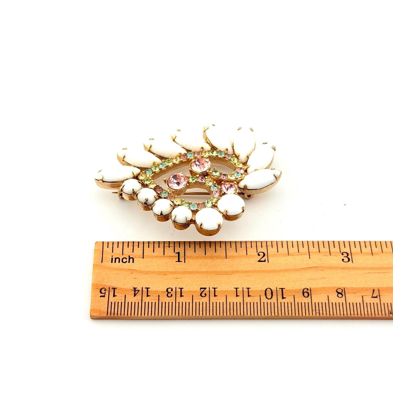Vintage Juliana White Milk Glass Heart Brooch Rhinestone Green Pink Costume Gift