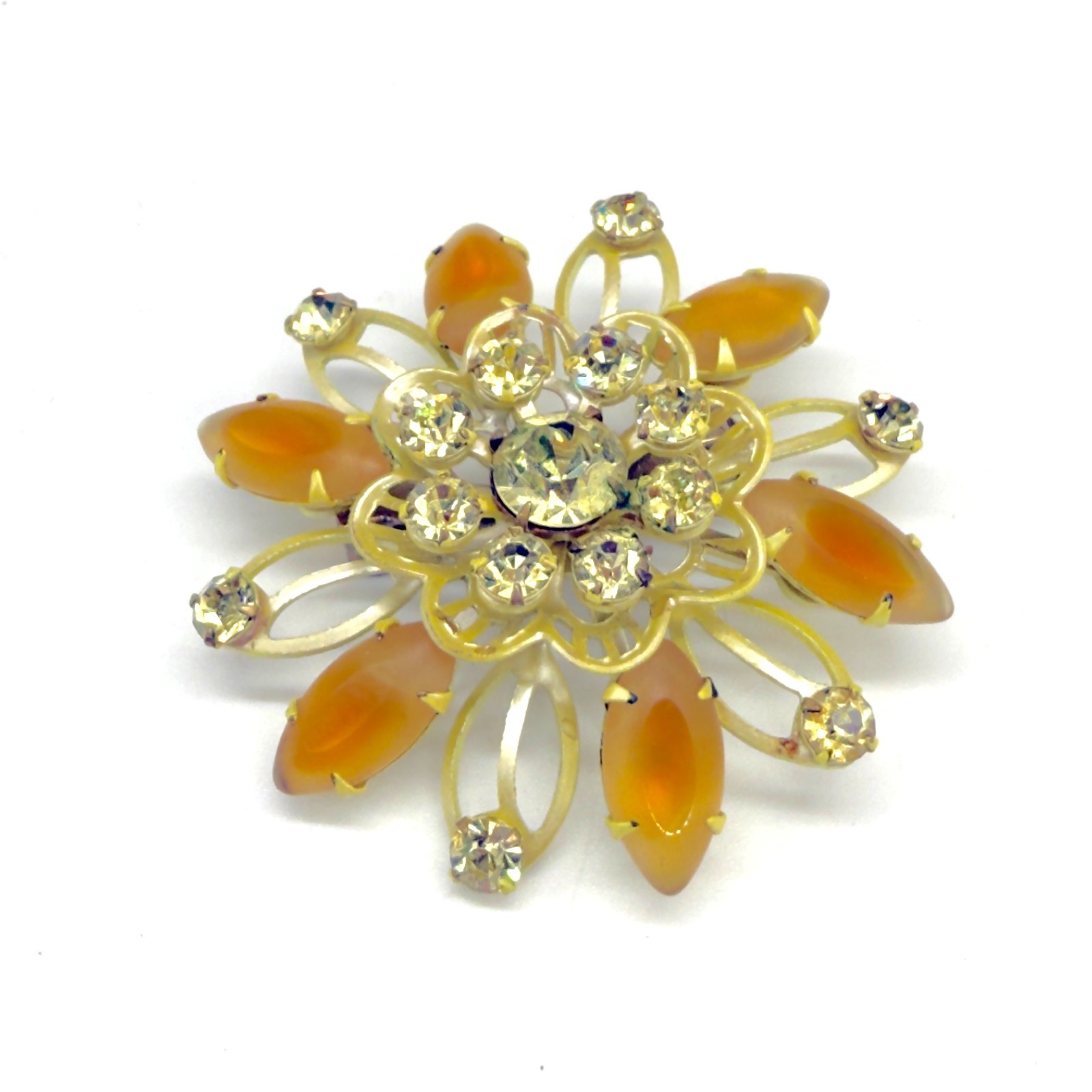 Vintage Enamel Brooch Yellow Flower Pin Dichroic Marquise Petals Rhinestones