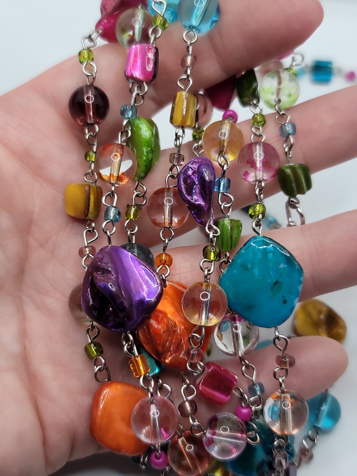 71″ Vintage Wear Repair Craft Multicolored Glass And Shell Necklace