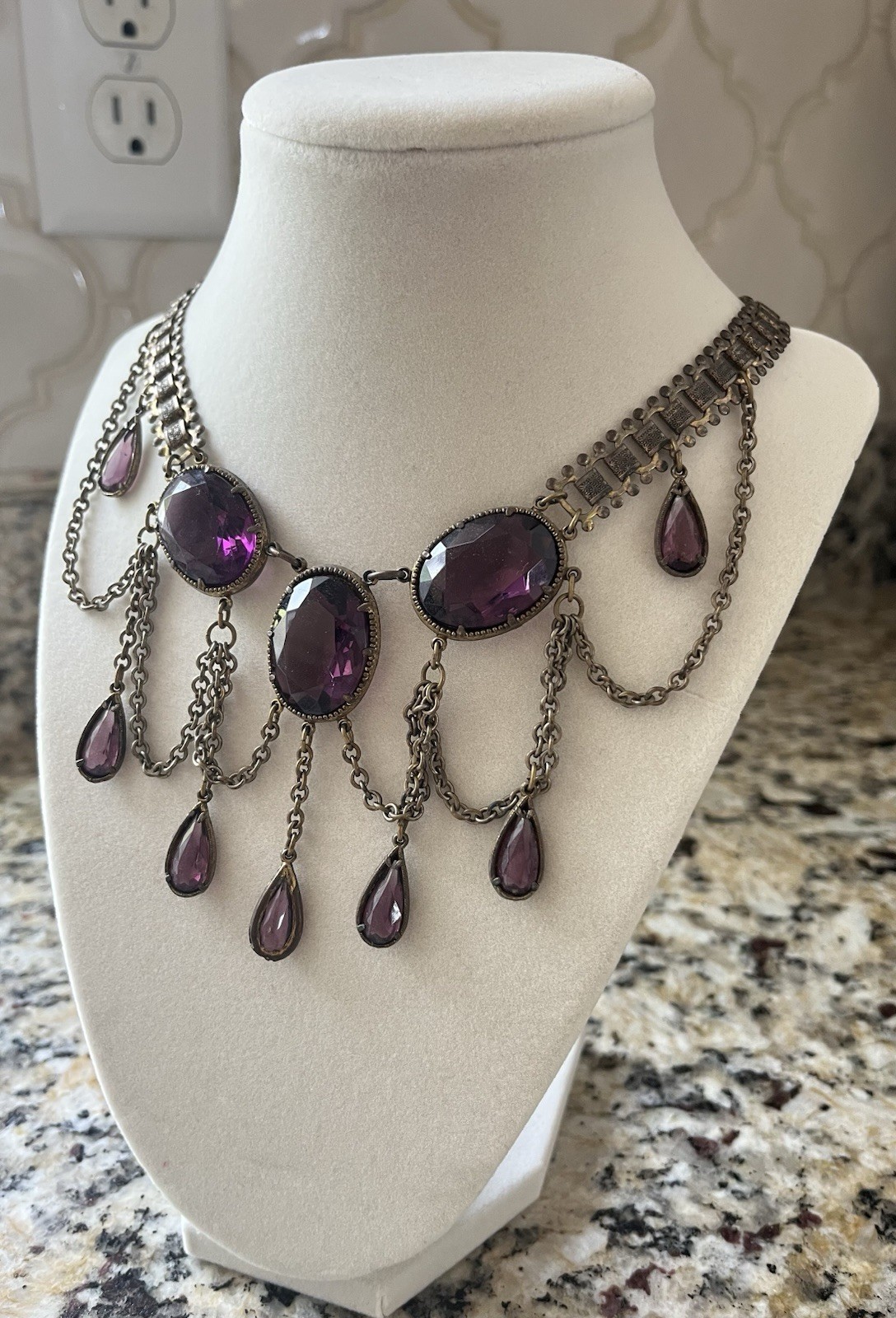 Amazing Antique Billowing Amethyst Colored Stones Bib Collar Necklace
