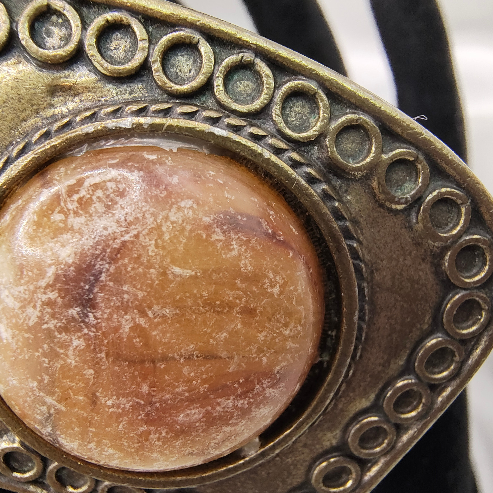 VTG Brutalist Earrings Clip On Brass Plated Unpolished Stone Ornamented Border