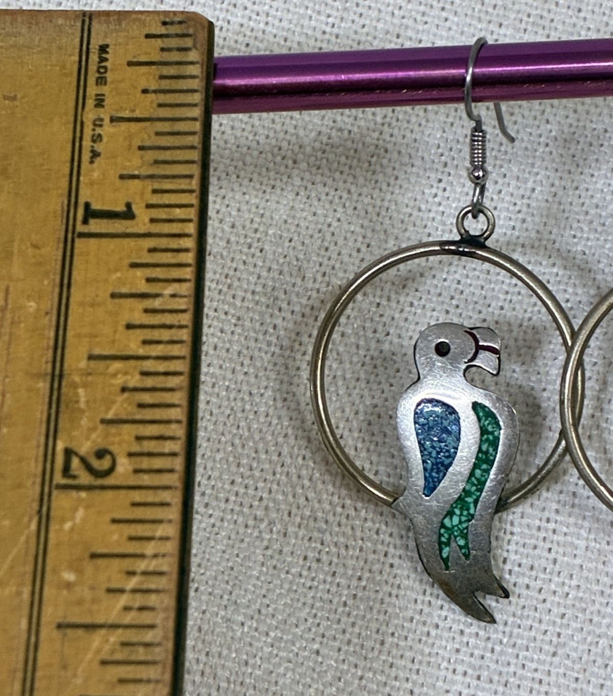 VTG Siver Alpaca Mexico Parrot Hoop Dangle Earrings 2 3/8Inches.
