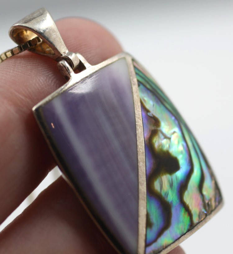 Purple stone & abalone shell pendant 925 Sterling Silver chain 20” Necklace