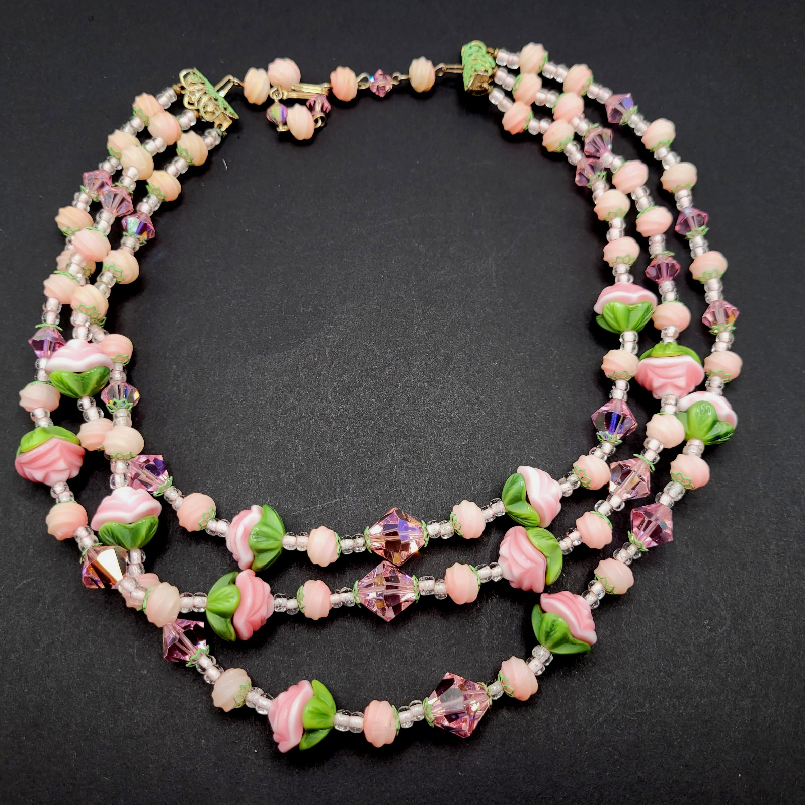Triple Strand Glass Pink Rosette Green Bottom Rosebuds Bicone Crystal Necklace