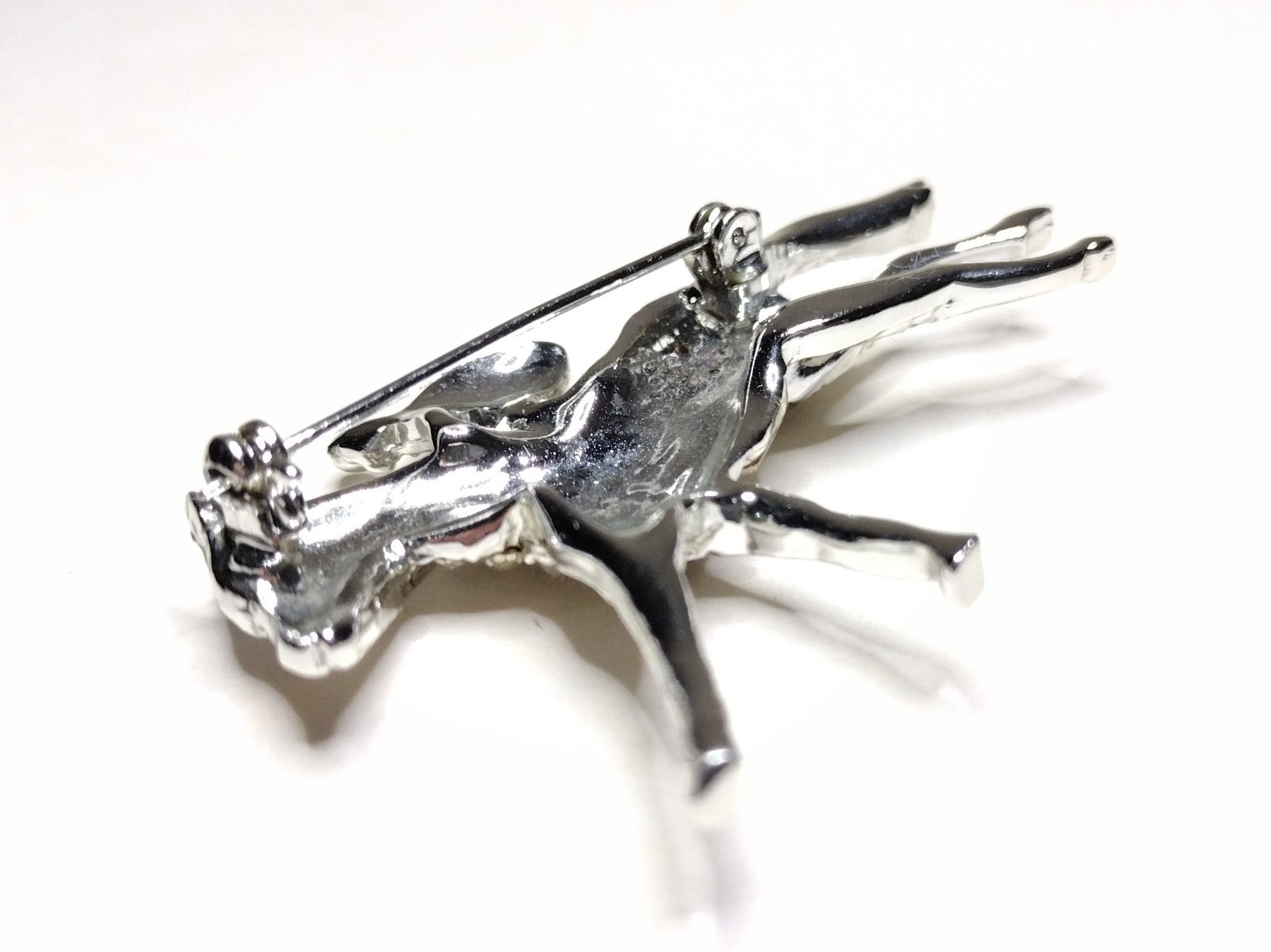 Vtg Rhinestone Equestrian Brooch Pin Derby Race Horse & Rider White Metal PELL ?
