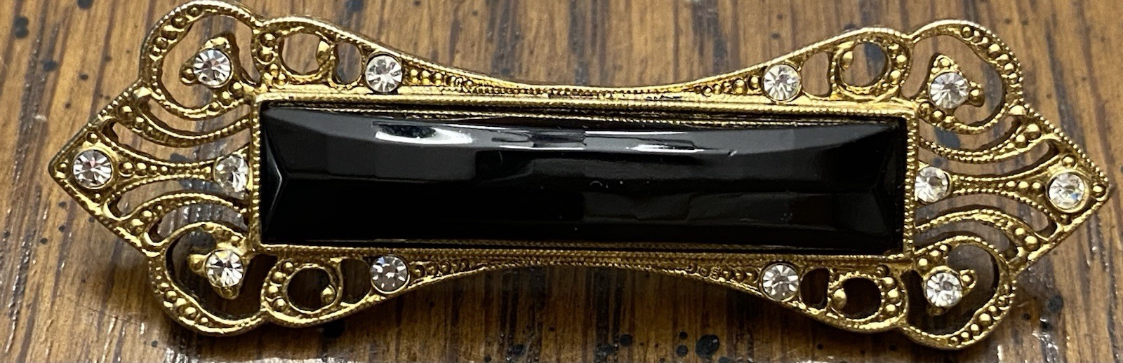 2 1/2” X 3/4” Gold Tone Sparkling Bar Brooch Pin with Black Center