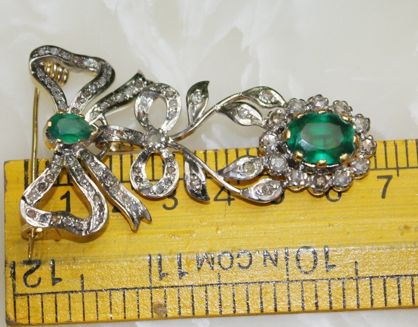 2.20ct Rose Cut Diamond Emerald Antique Victorian Look 925 Silver Brooch