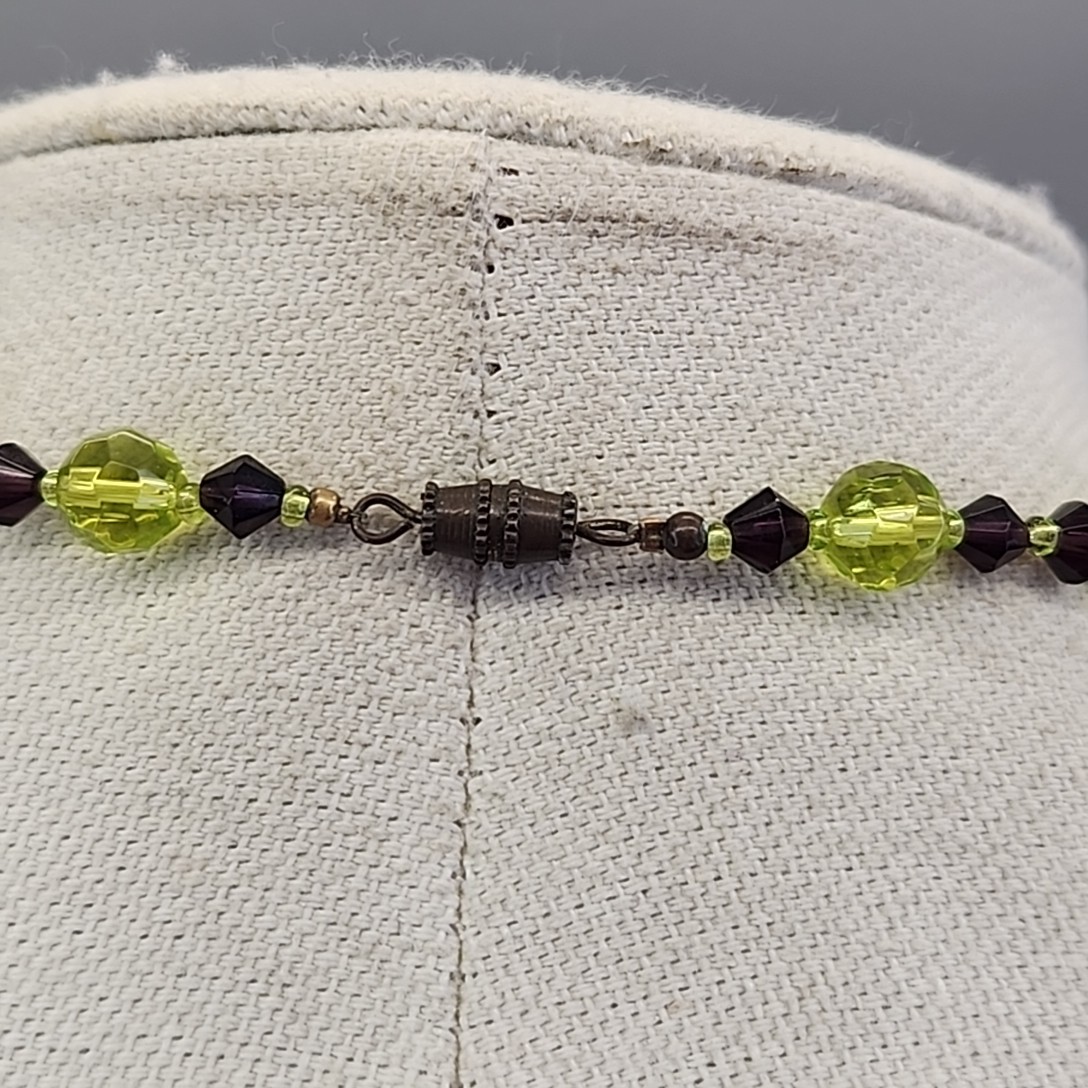 Vintage Glass Beaded Necklace Green Black Bicone 23″