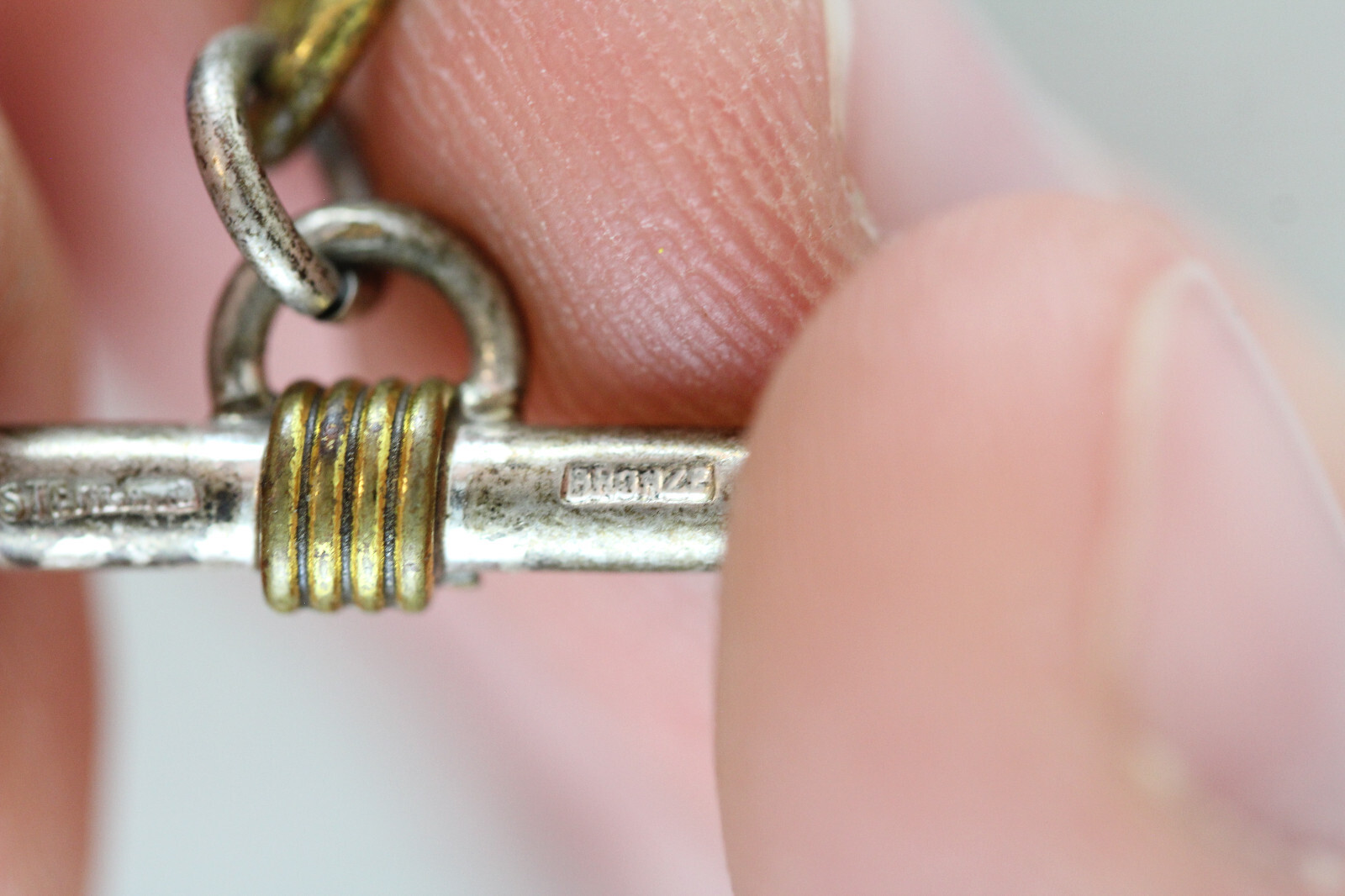 VINTAGE BRONZE STERLING SILVER 925 8.5″ BRACELET WIRE WORK CHAIN BAR LINK TOGGLE