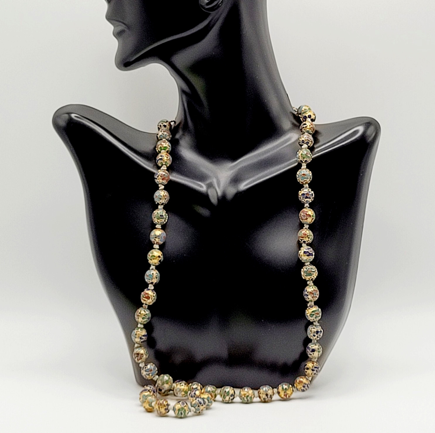 Chinese Cloisonné Floral Bead Hand Knot Circa 1930s Beaded Necklace 23 Inch