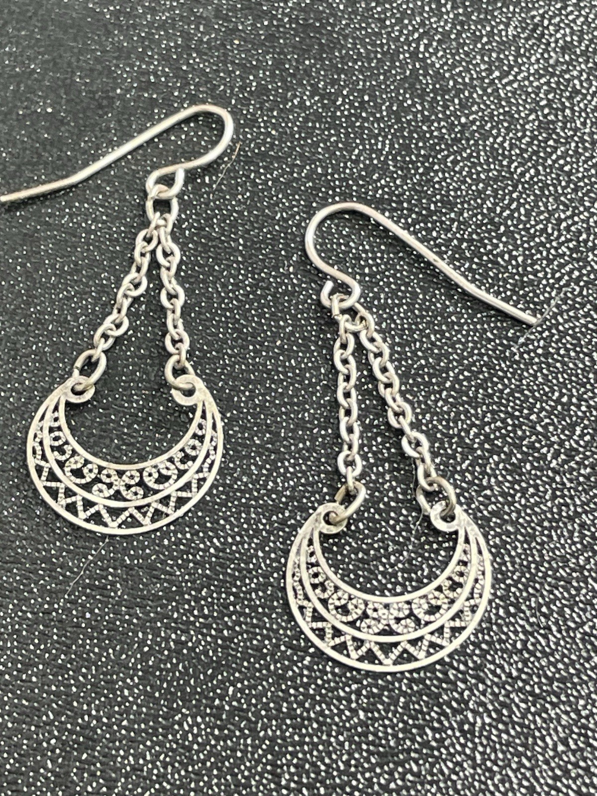 Vintage 1.5” Silver Tone Filigree Crescent Moon Chain Dangle Earrings