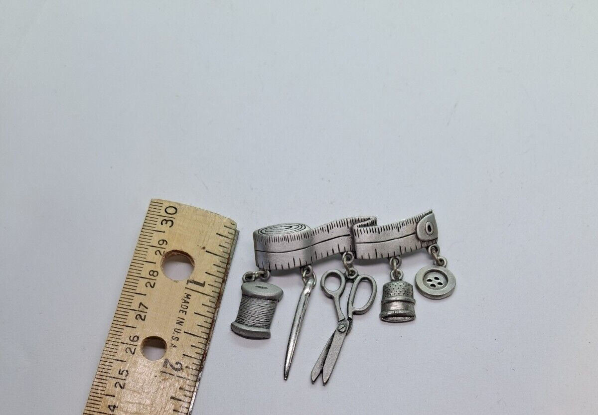 Vintage JJ Sewing Themed Brooch Scissors Button Thread danglers Measuring Tape