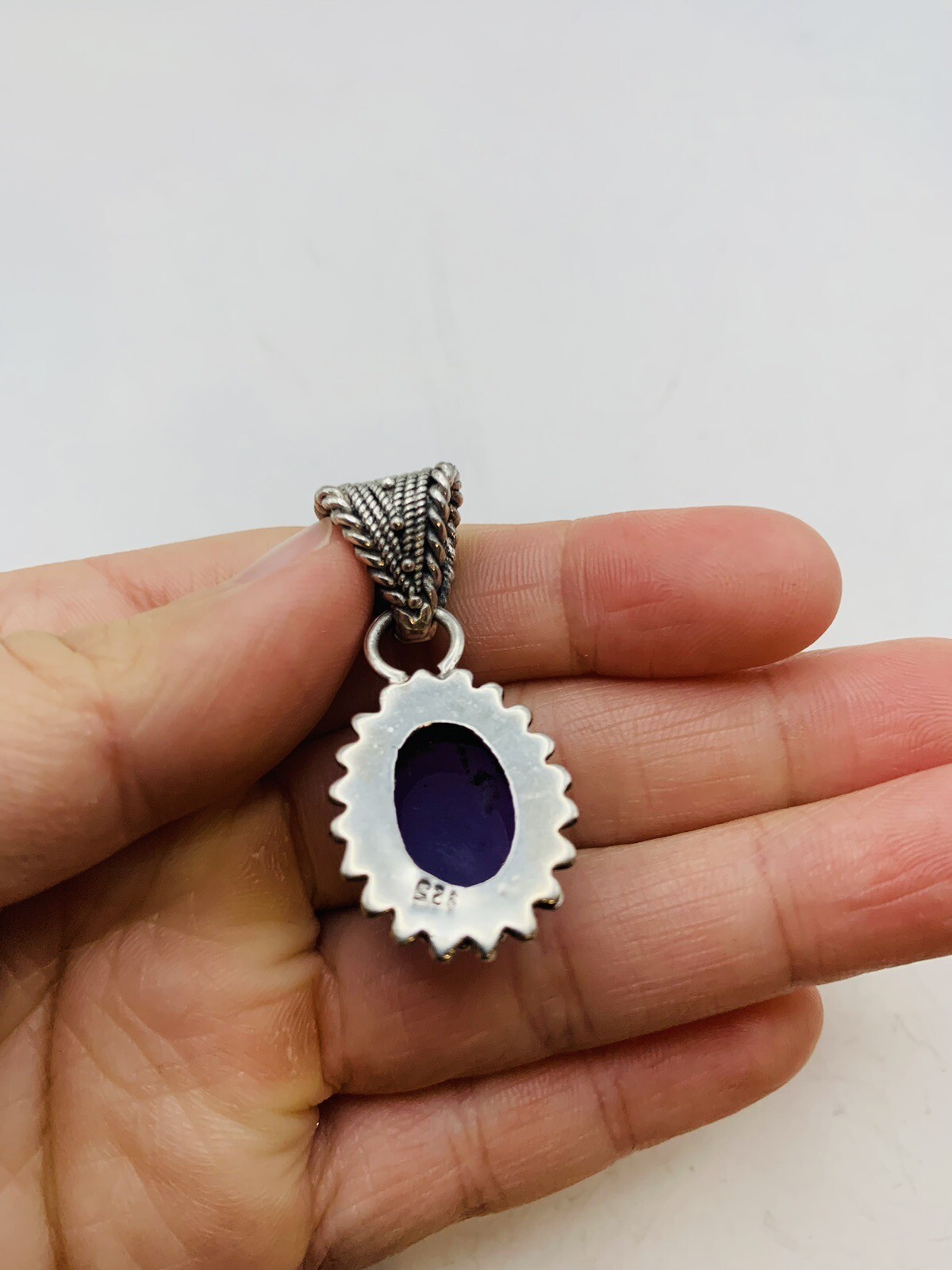 Vintage Sterling Silver Bohemian Purple Blue Oval Dainty Natural Stone Pendant