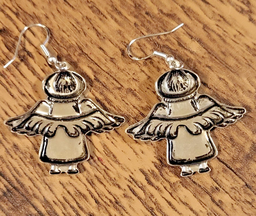 Vintage Sterling Silver 925 Angel Dangle Earrings Textured Wings Folk Art