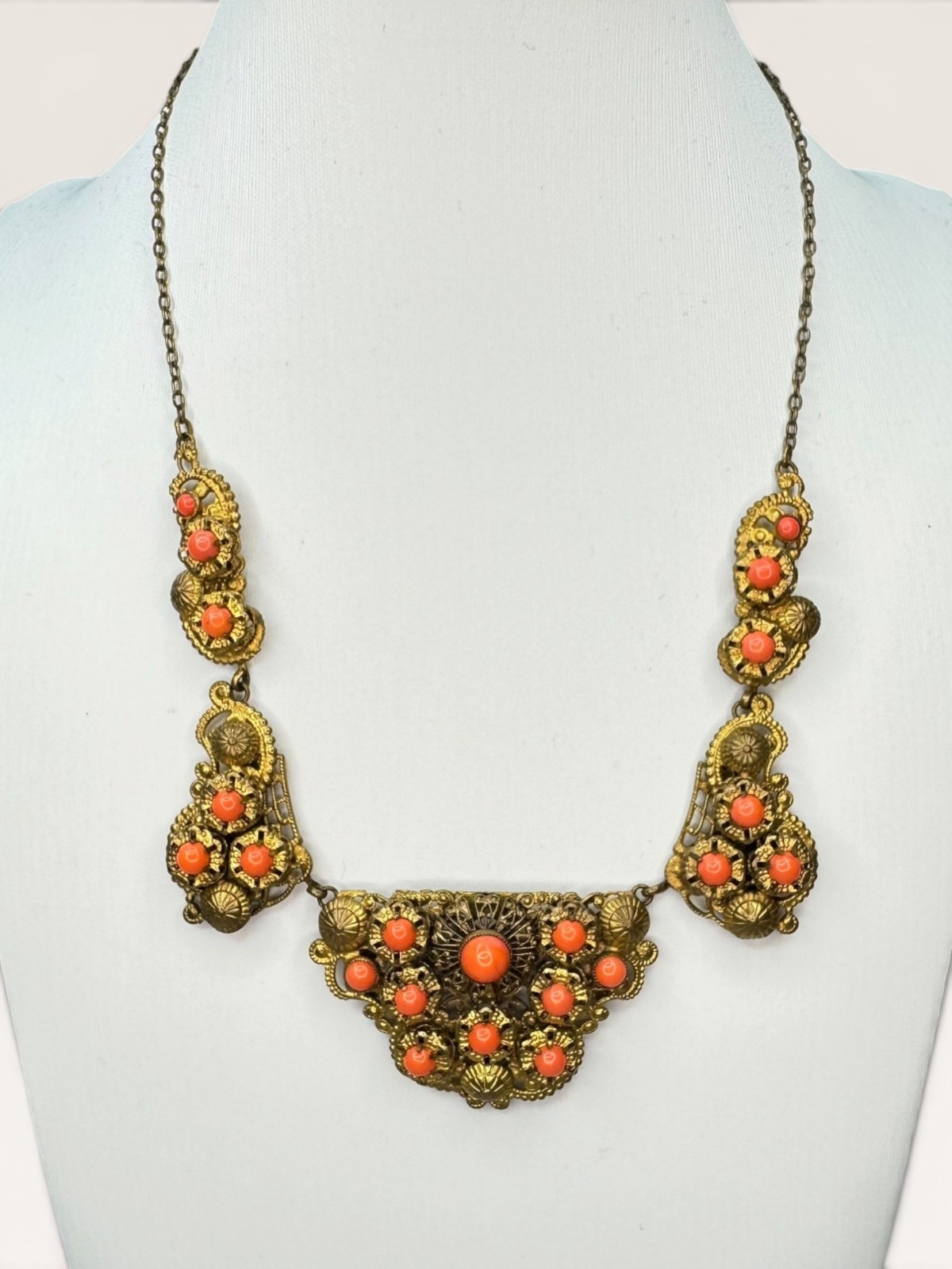 Brass Filigree Bib Festoon Necklace Coral Orange Glass Beads Art Deco