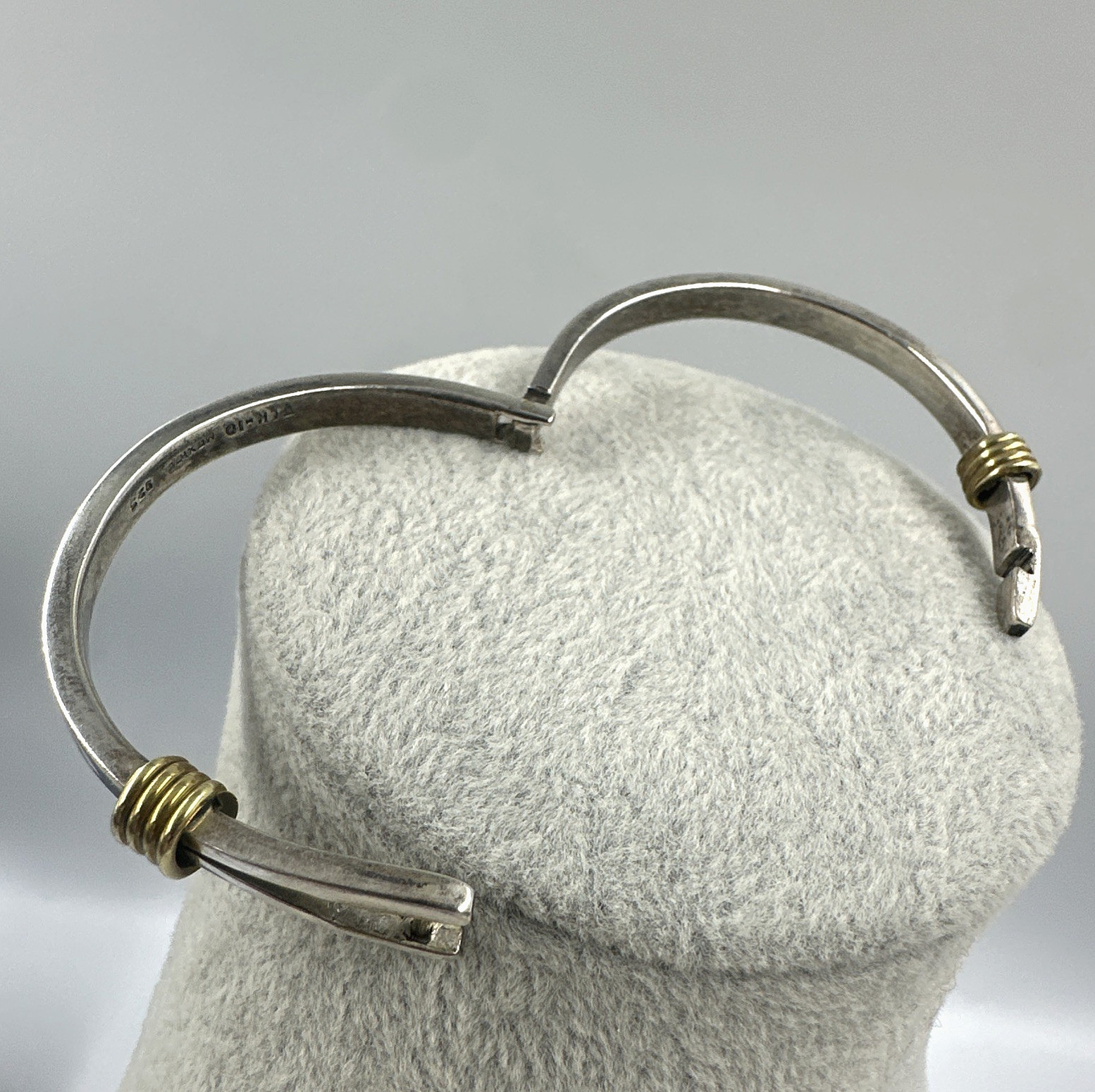 Vtg Taxco Sterling Silver Brass Accent Abstract Modernist Bangle Bracelet 24.3g