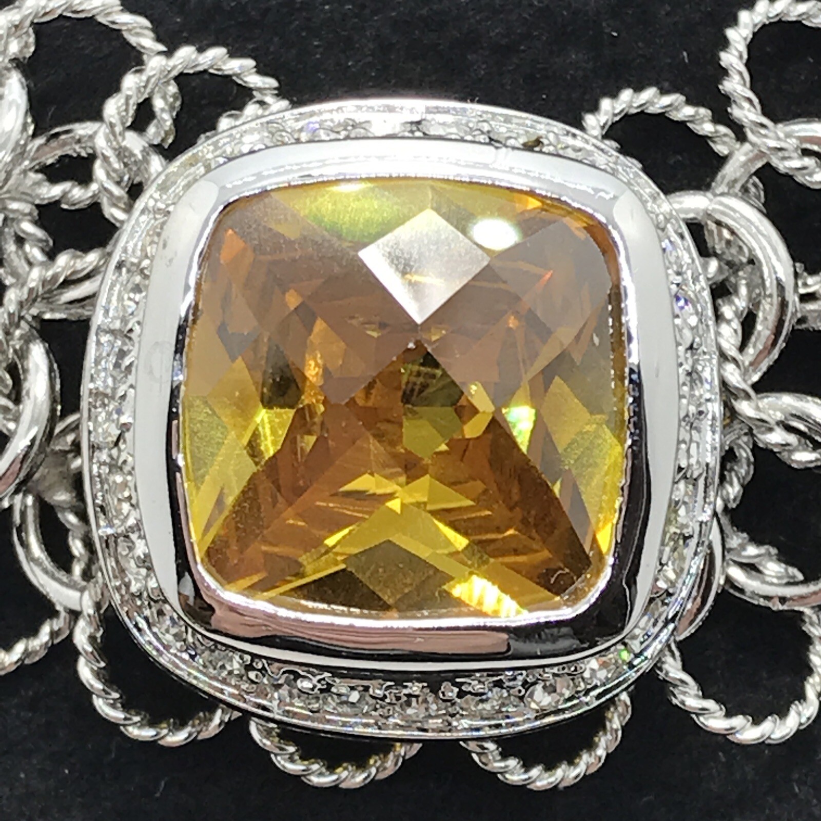 Vintage Silver Choker Chain Lg Citrine Yellow & Clear Cubic Zirconia Necklace