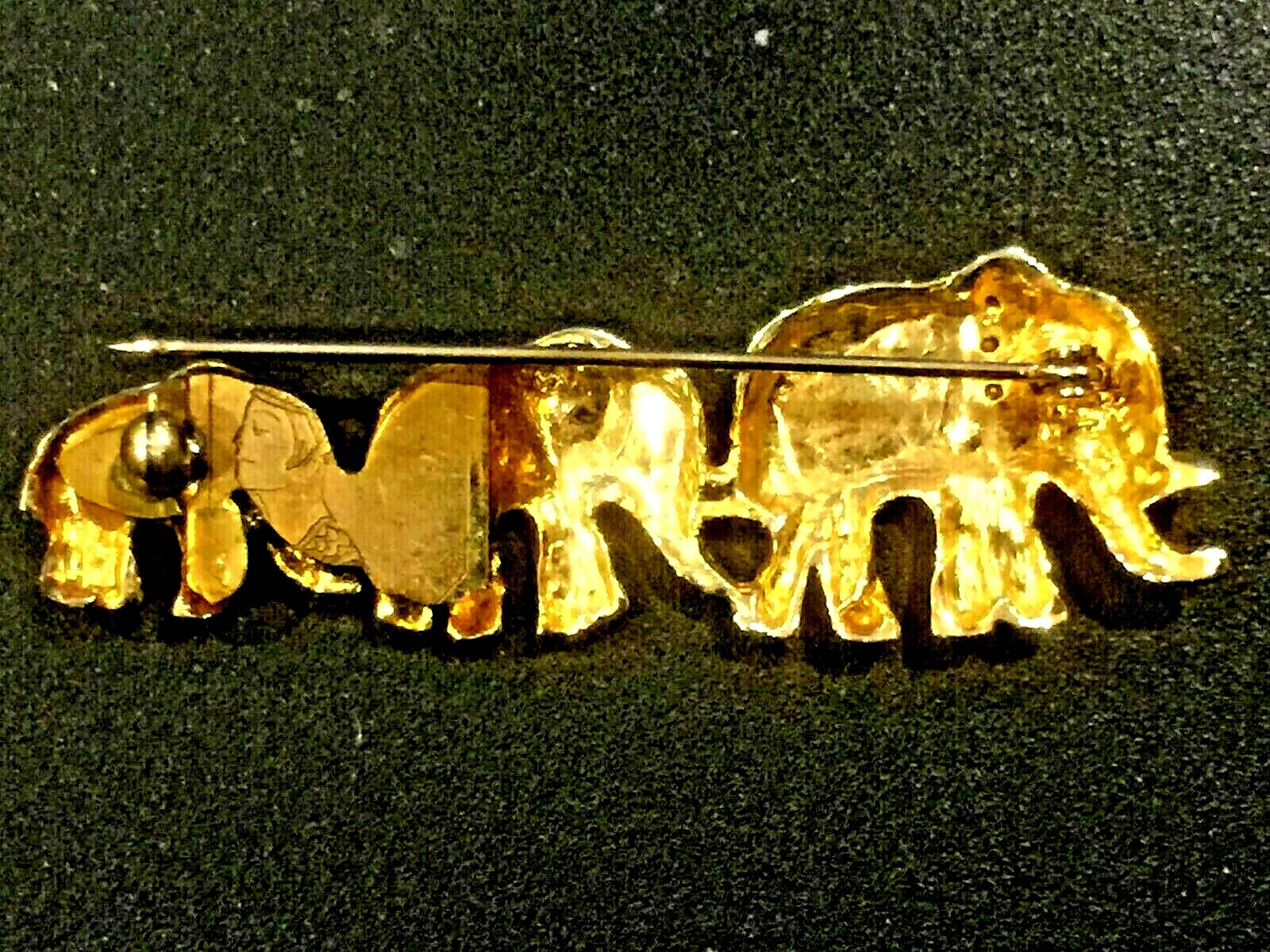 MARKED FASE OF LADY BROOCH PIN 3 ELEPHANT w/BLACK ENAMEL RINE STONES GOLDFILLED