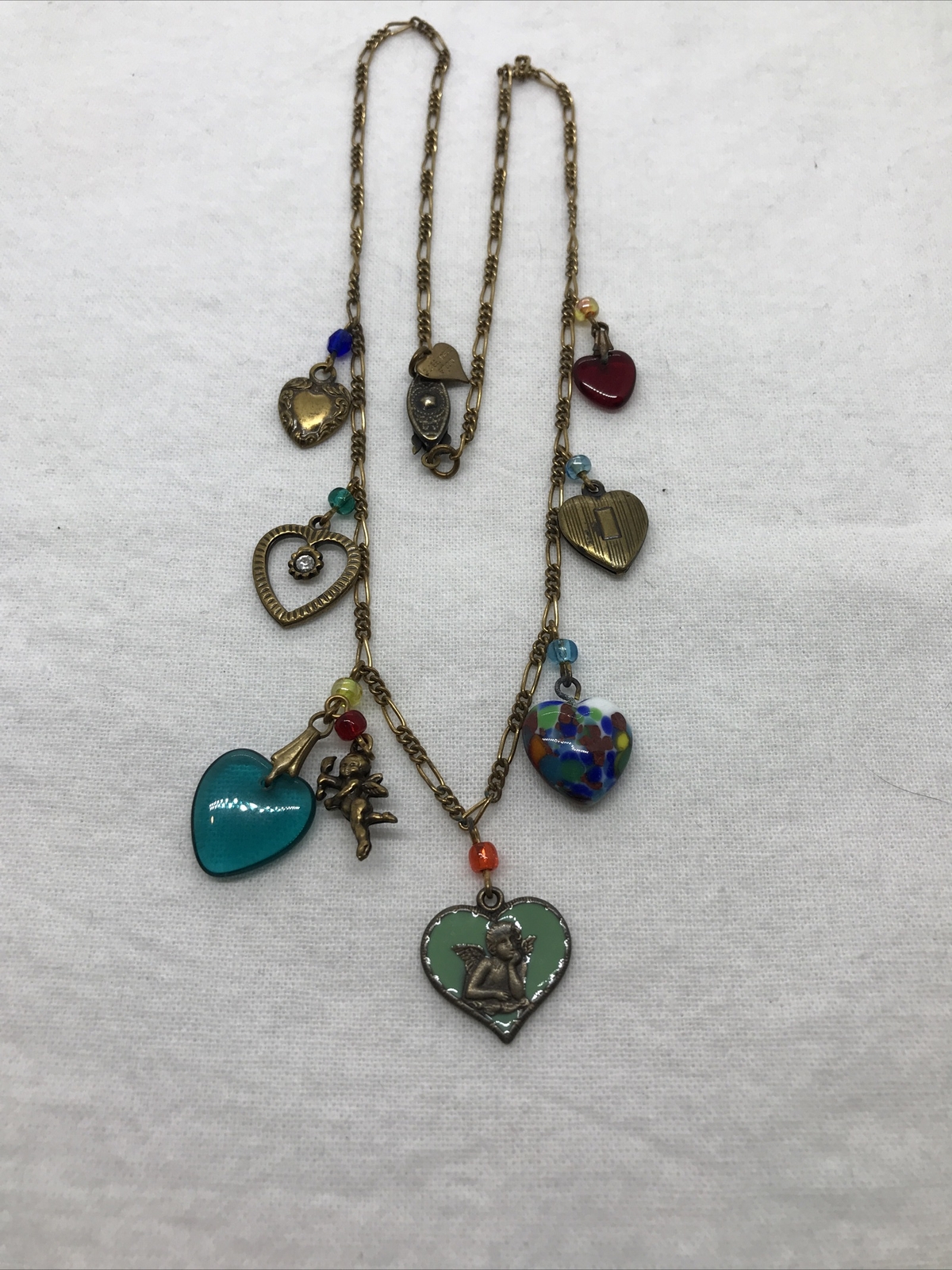 Vintage Glass Works Studio Glass & Brass Charms in Multi Colors Necklace 19
