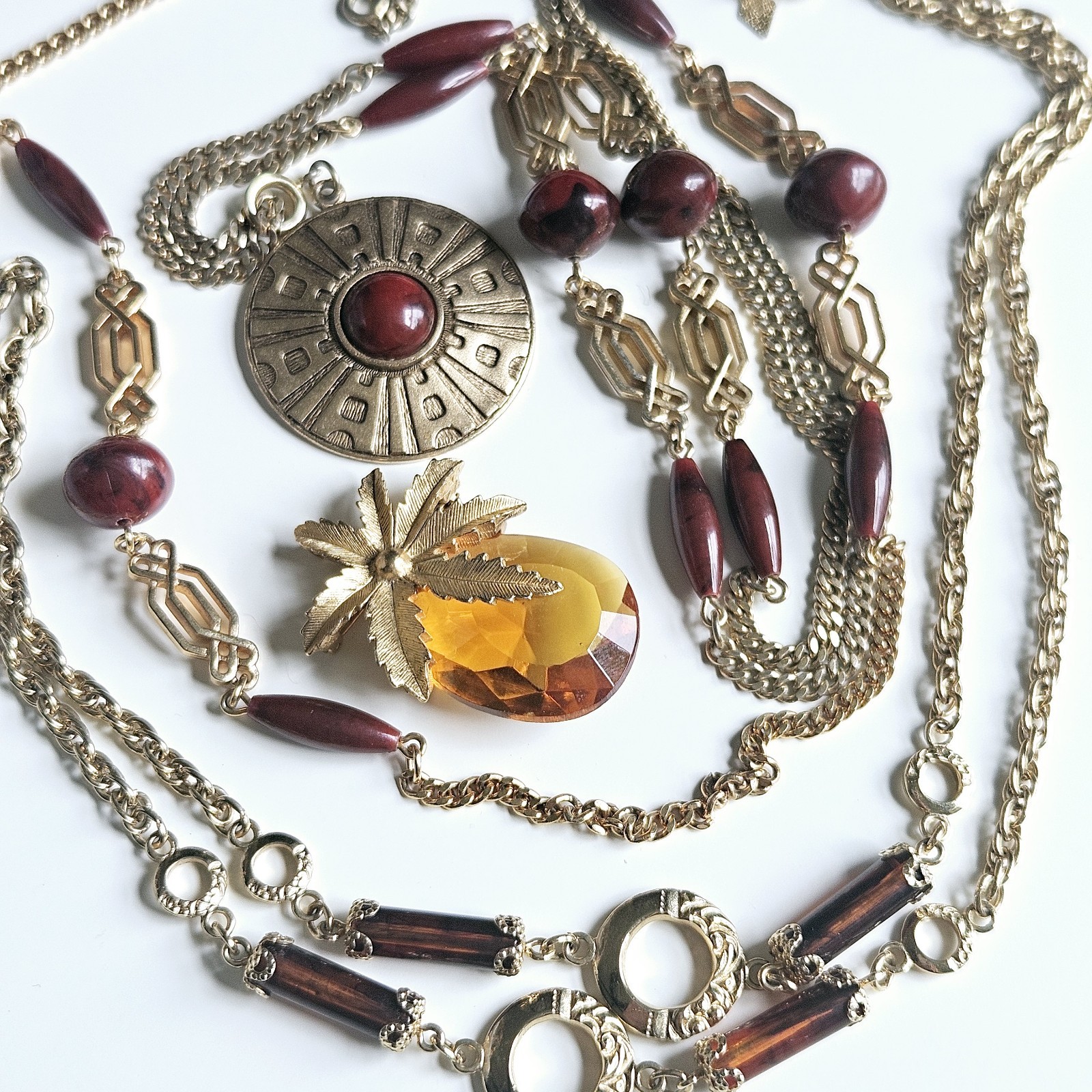 Vntg Coventry 3 Necklaces Safari Faceted Glass Brooch Pendant Brown Gold Chain