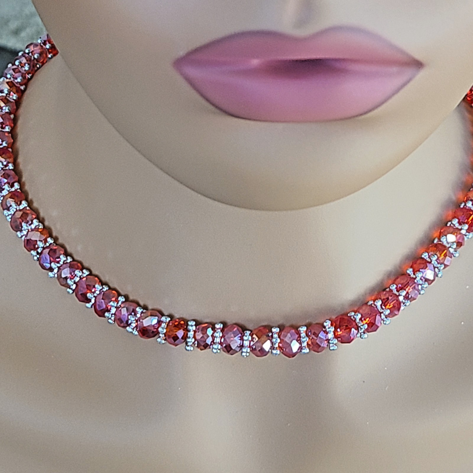 Vintage Fire Red Aurora Borealis AB Faceted Glass Crystal Choker Necklace 18.5”