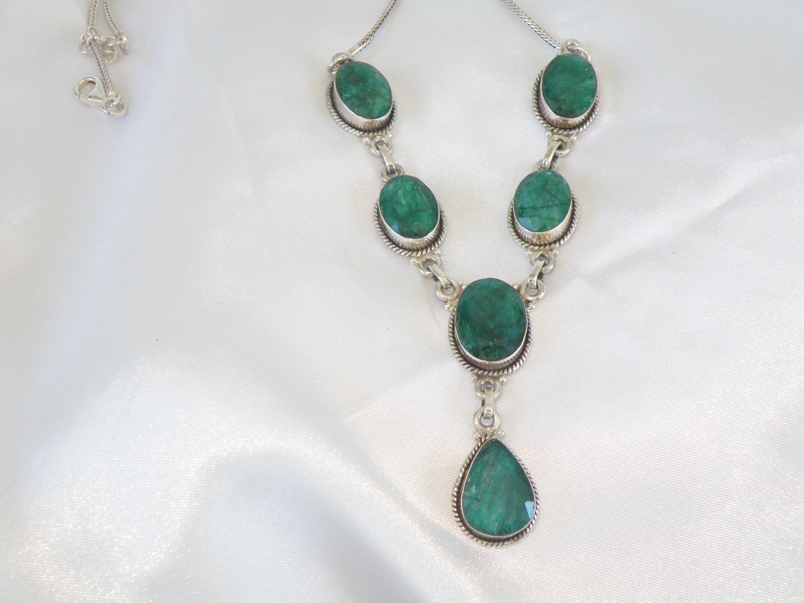 Vintage Sterling Silver 925 Large Natural Raw Emerald Statement Necklace 19″