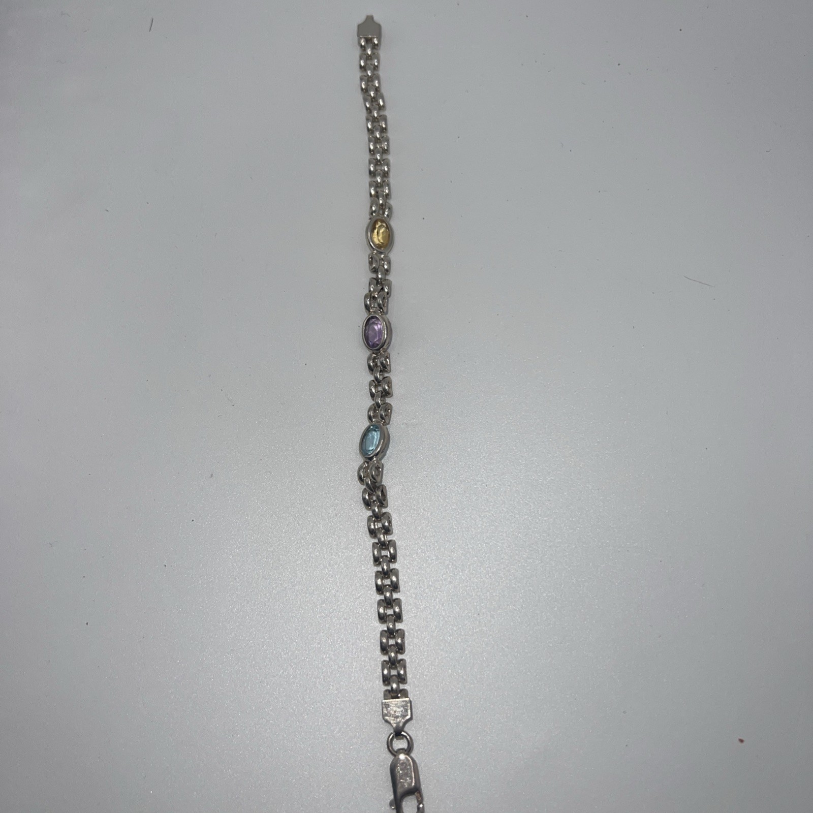 Vintage Sterling Silver Panther Link Bracelet with Amethyst, Blue Topaz, Citrine