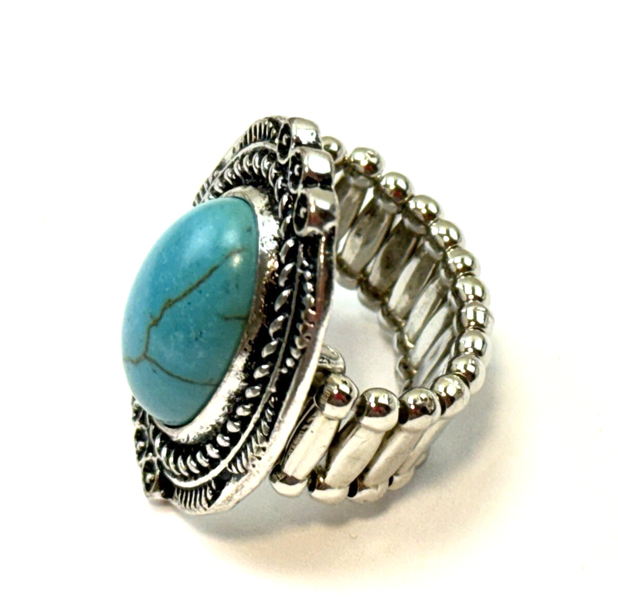 Vintage Blue Faux Turquoise Stretch Band Ring Silver Tone Cocktail Size 8