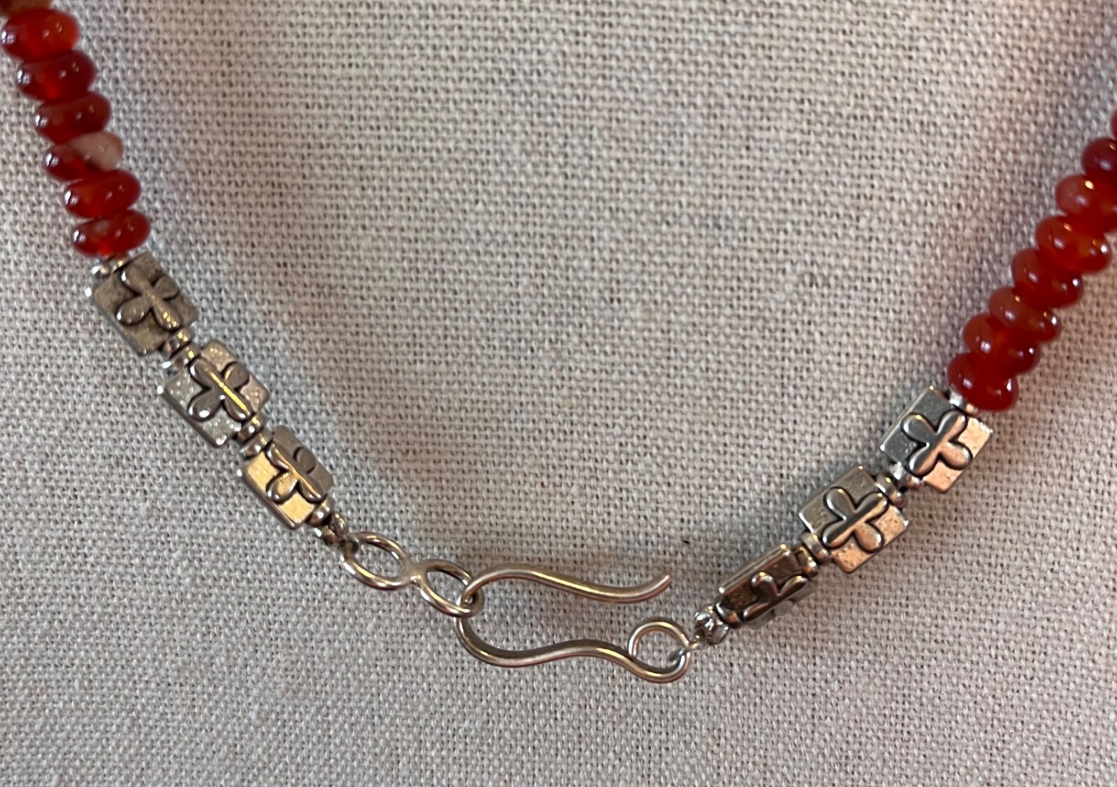 Fabulous 24″Heavy 1990s Carnelian & Silver Bead Fashion Necklace Fish Hook Clasp