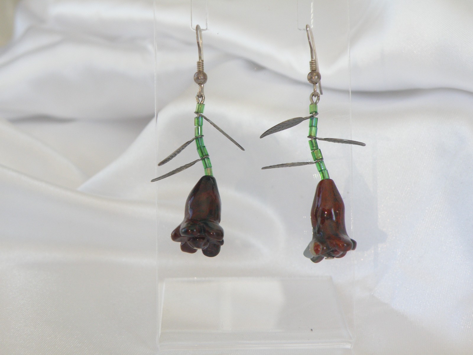 Vintage Sterling Silver 925 Artisan Tulip Flower Carved Stone Dangle Earrings