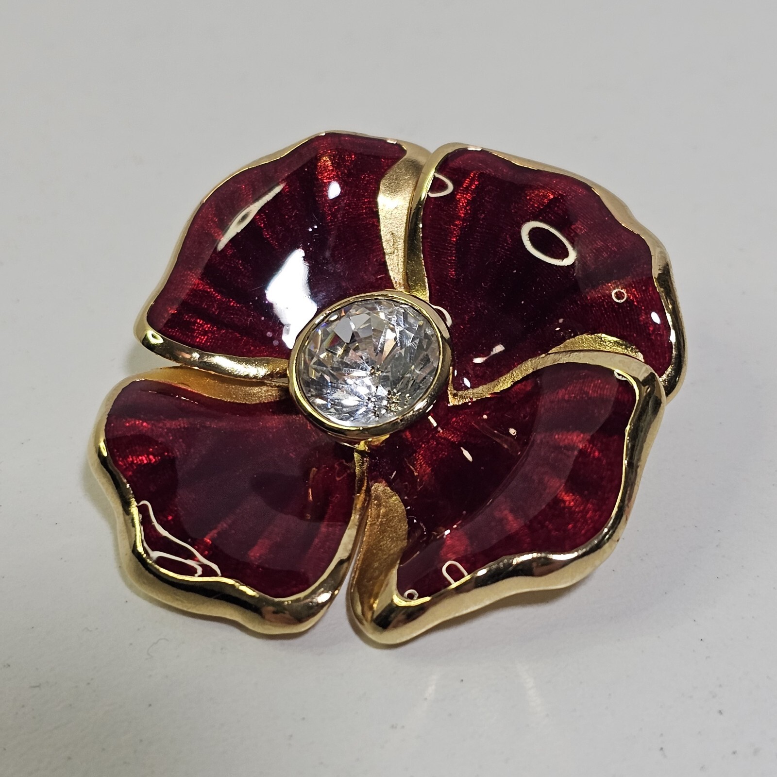 Rare Christian Dior Gold Tone Flower Brooch Pin Rhinestone & Redish Brown Enamel