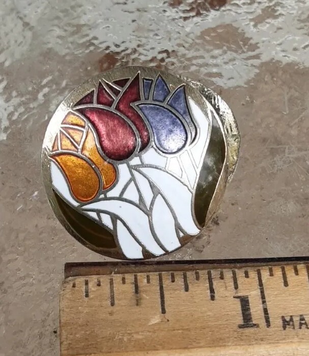 Earring Goldtone Orange Red Green Purple White Cloisonne Tulips Flower Pierce