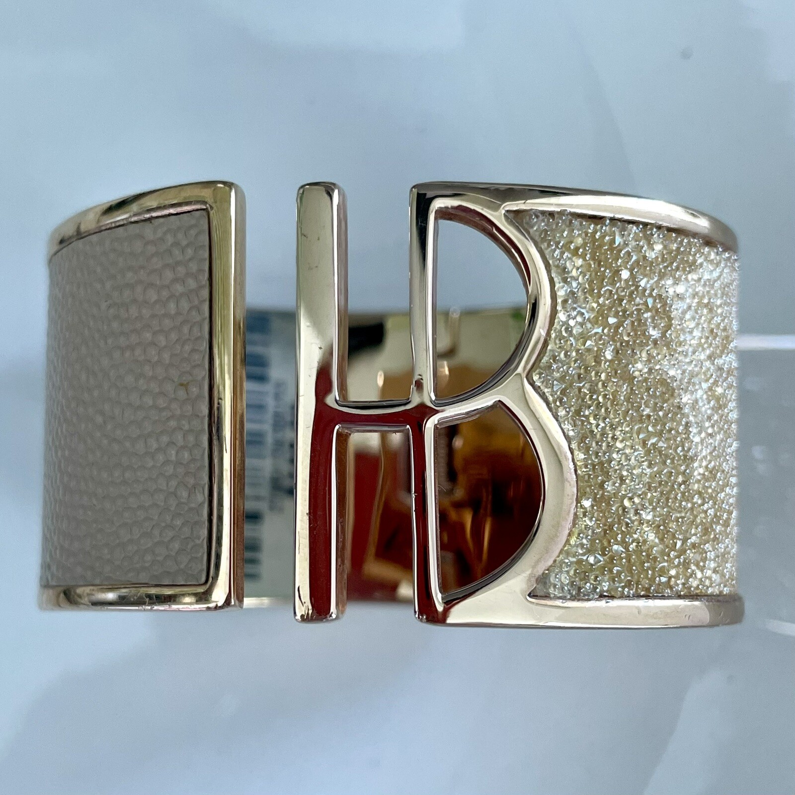 NWT RARE HENRI BENDEL NYC HB Logo GOLD Cuff Beige Leather Crystals Bracelet