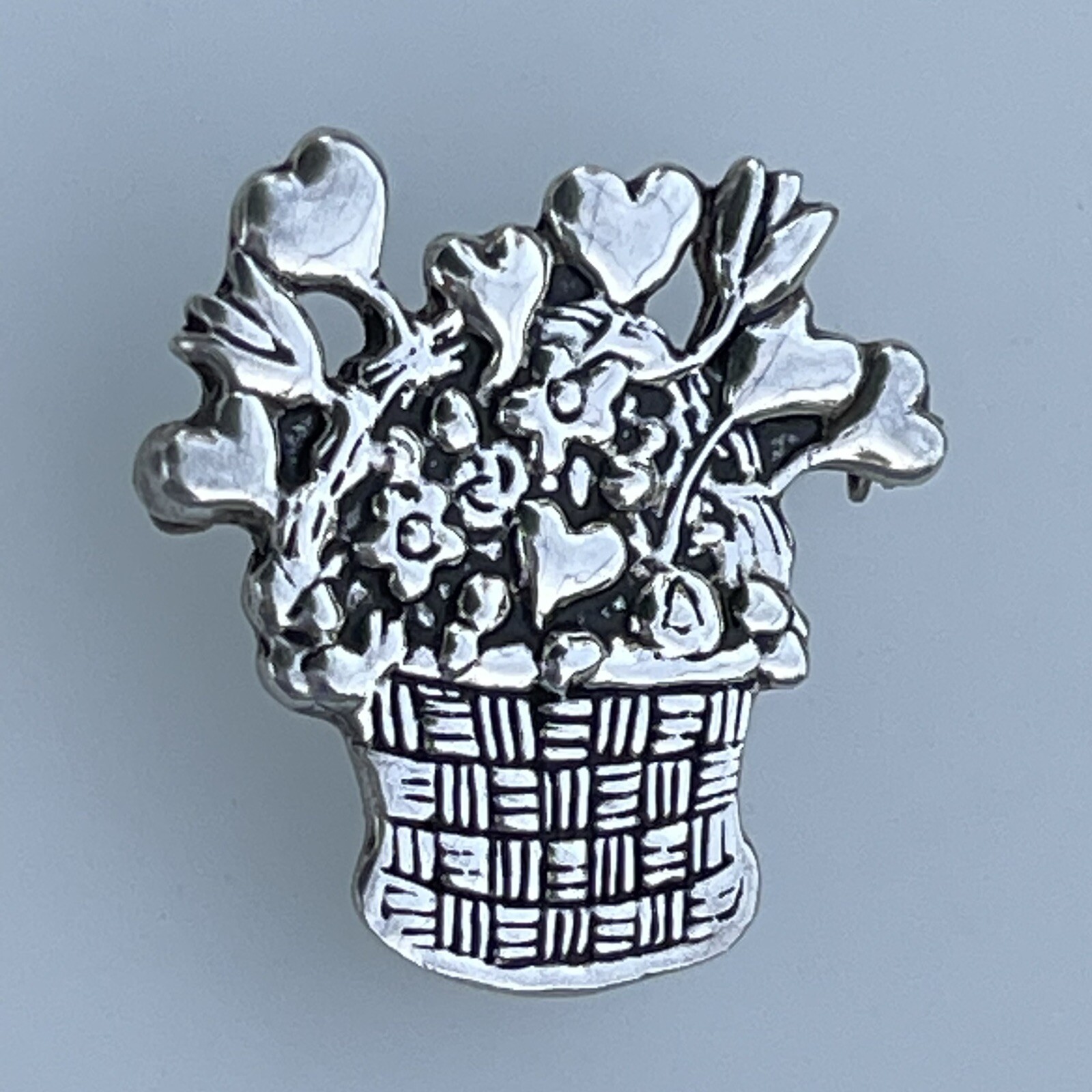 Mary Engelbreit Hearts Flowers Basket Brooch Signed ME 925 Sterling Silver Mex