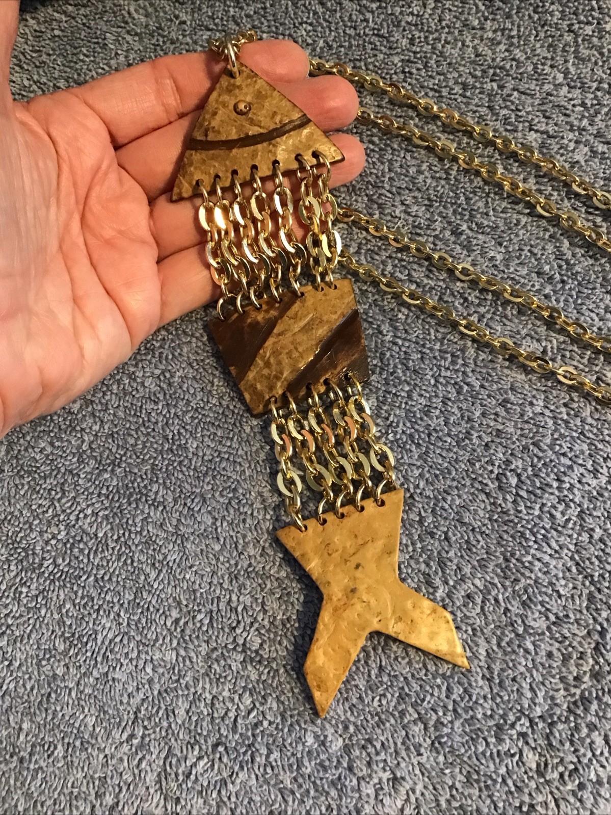 Vtg Fish Necklace HUGE Gold Tone Chain Link ARTICULATED Scales Nautical Beach