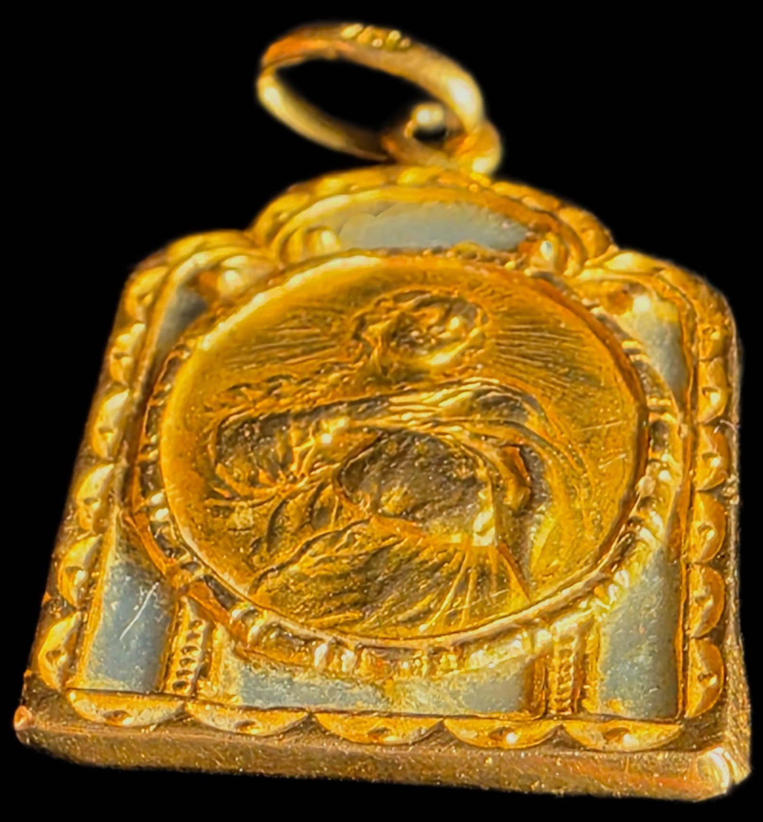 Antique Art Deco 18K Gold Virgin Mary Miraculous Medal Pendant European Catholic