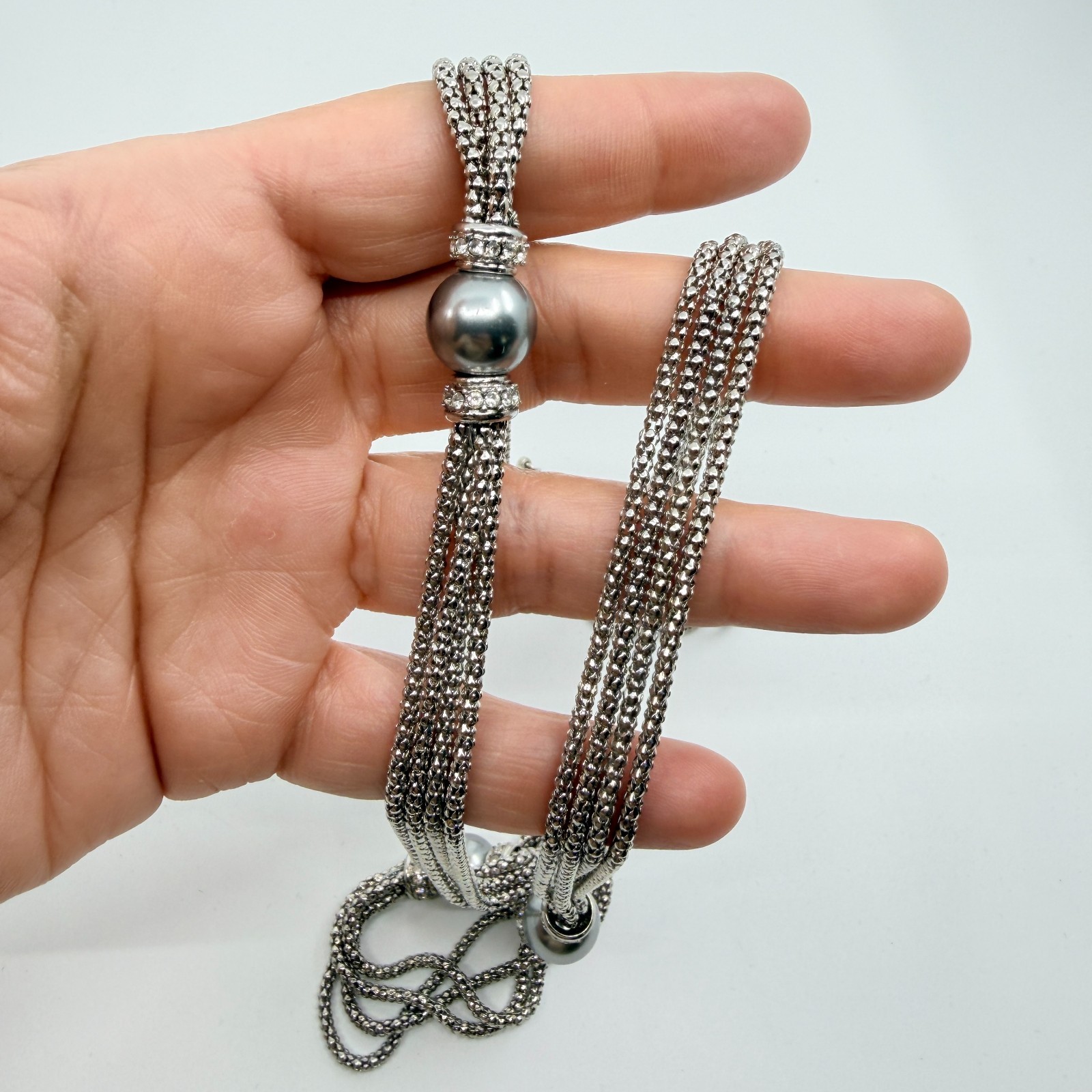 VTG Silver Tone Multi Strand Popcorn Chain Necklace Round Ball Bead Rhinestone