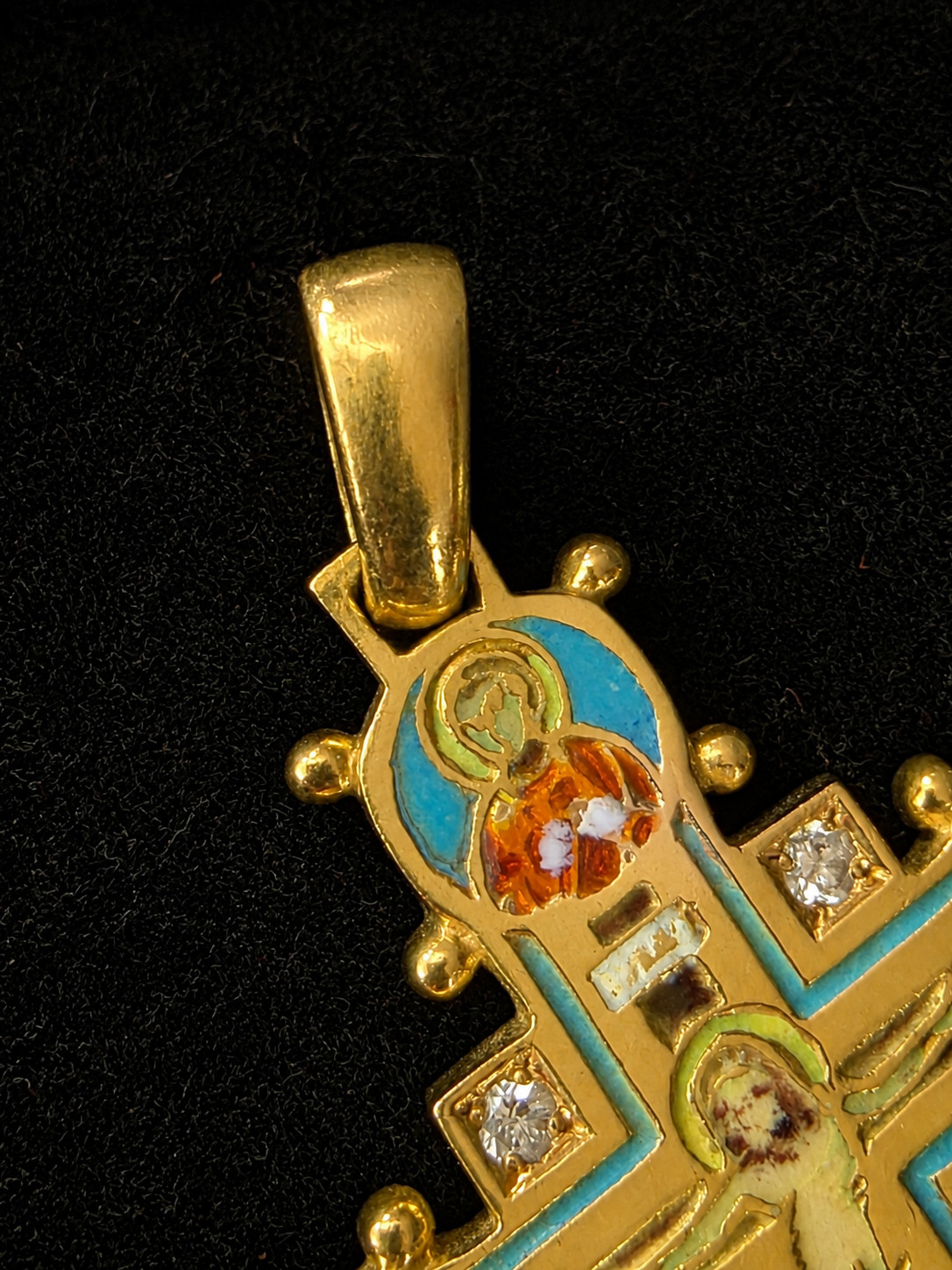 Antique Byzantine Revival Cross Pendant 18K Gold Enamel 4 Diamond Rare Religious